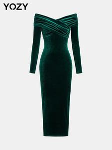 YOZY Women's Off The Shoulder Ruched Split Hem Velvet Dress, Elegant Long Sleeve Dress for Party Dating Wear, Ladies Clothes for All Seasons