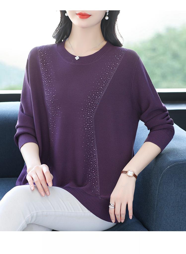 Product Introduction of Knatwear women's round neck rhinestone sweater new fashion mom loose Western style knits long sleeve thin top crop 20