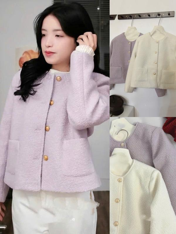 Áo dạ tweed nữ A.696, Áo dạ lông dài tay cổ tròn túi hông vạt vuông phối cúc đồng - Shop Chấm Bi