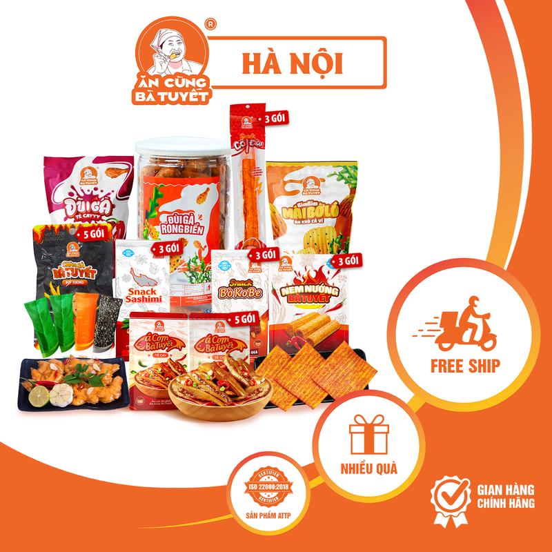 COMBO BẢN NĂNG SÁT THỦ gồm 9 sản phẩm: 5 gói cá cơm +5 gói chân gà + 3 gói bò kobe + 3 gói sashimi + 3 gói nem nướng phên +3 gói cột điện+1 gói đùi gà tê cay +1 gói bimbim bờ lô +1 hũ đùi gà rong biển +tặng 4 cái thạch healthy - ĂN CÙNG BÀ TUYẾT