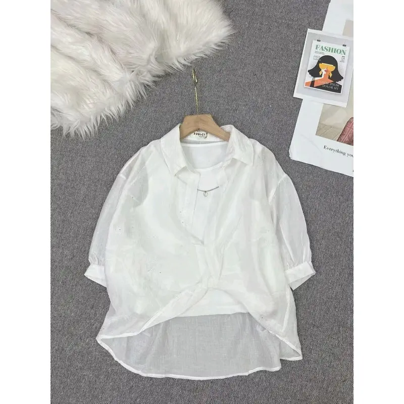 Áo sơ mi đính đá tay lửng form rộng có kèm áo 2 dây Nữ Women Kem Top Cổ Tròn Shirt Nhung Voan Voi
