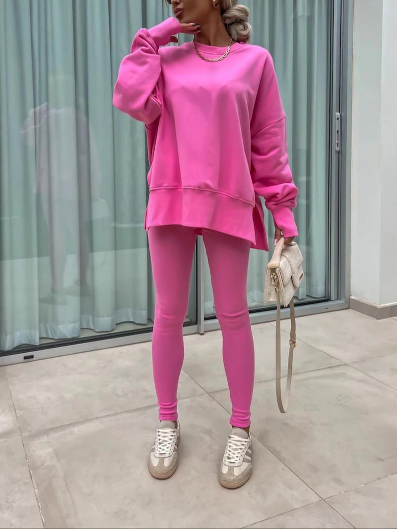Product Introduction of Women's Solid Split Hem Sweatshirt & Pants Two-piece Set, Casual Fashion Cozy Breathable Two Piece Outfits for Daily Outdoor Wear, Ladies Clothes Fitness  for All Seasons 4
