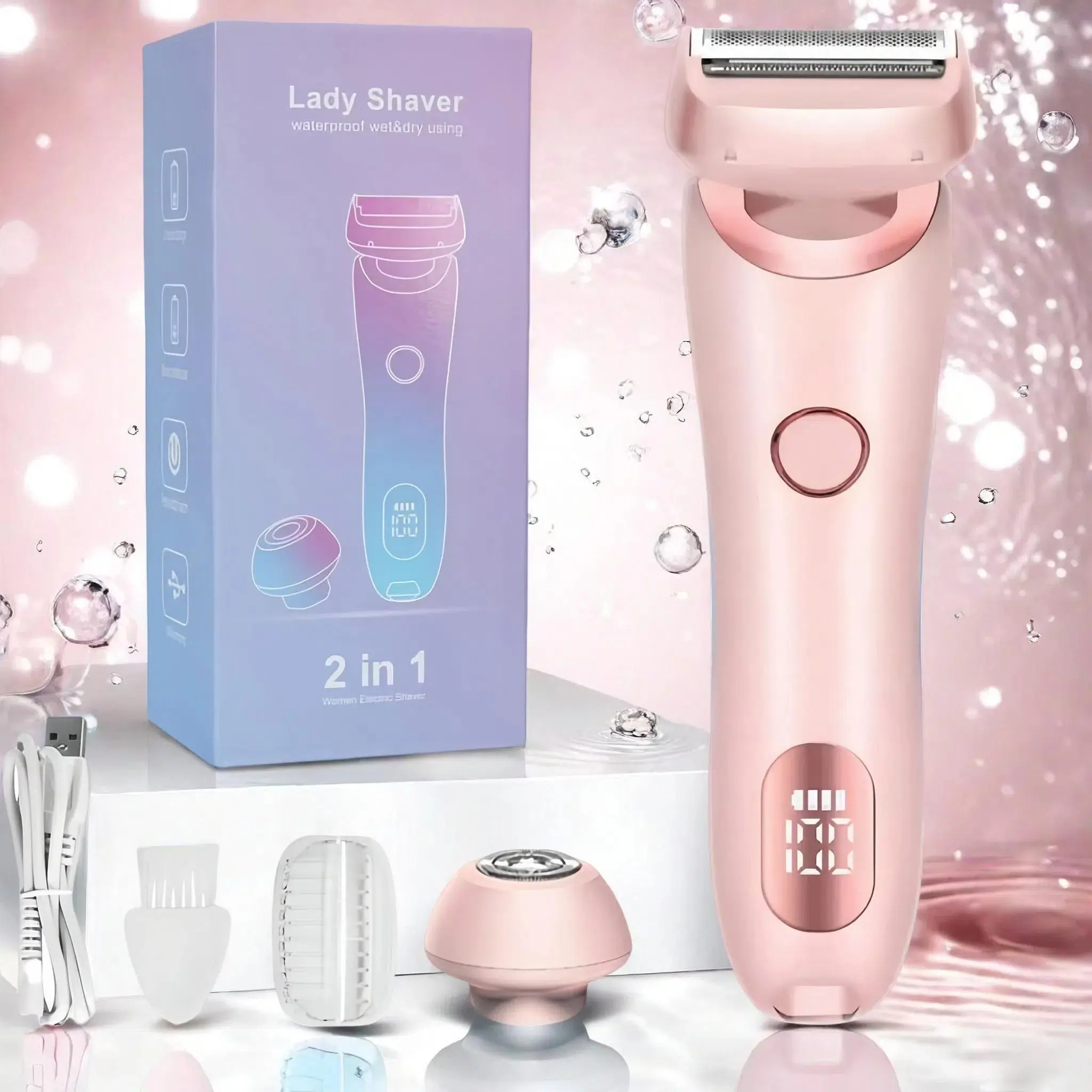 Electric Hair Remover, 1 Box 2 in 1 Waterproof Body & Facial Hair Trimmer & Accessories, Rechargeable Hair Removal Tool for Women