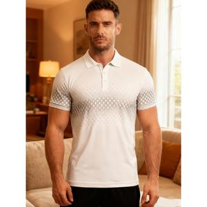 โปโลแขนสั้นสำหรับผู้ชาย ทำจากผ้าถักโพลีเอสเตอร์ ระบายอากาศได้ดี ลายเรขาคณิต