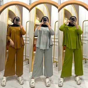 Denacollection Setelan Atachi Knit Rib Wanita Lengan 7/8 Celana Panjang Baju Atasan Melar Setelan Wanita 2023 Dewasa Polos