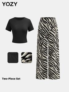 YOZY Women's Solid Tee & 2 in 1 Zebra Stripe Print Pants Two-Piece Set, Casual Round Neck Short Sleeve T-Shirt & Wrap Trousers for Daily Wear, Ladies Two-Piece Outfits for All Seasons