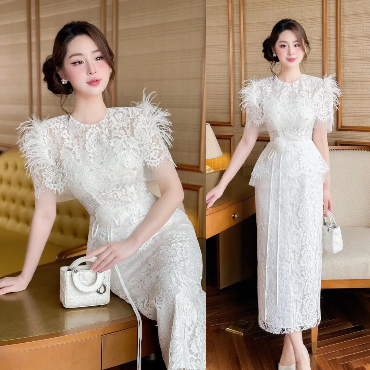 Đầm dự tiệc ren dáng dài đính lông vũ màu trắng màu đen sang trọng đính kèm hoa