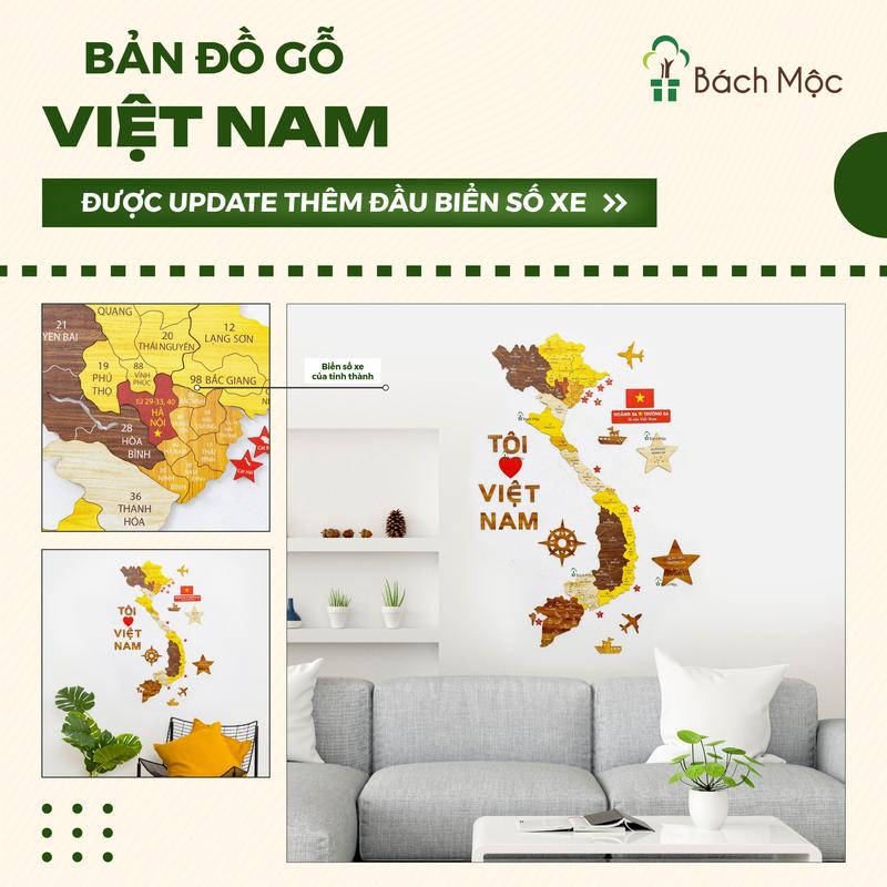 Bản đồ gỗ Việt Nam đầy đủ Quần đảo Hoàng Sa và Quần đảo Trường Sa [Size 60cm, 1m, 1.5m] lắp ghép dán tường, decor trang trí, treo phòng khách, phòng làm việc, bàn học, công ty, trường học từ nhà Bách Mộc Đồng Decal đồng  hồ