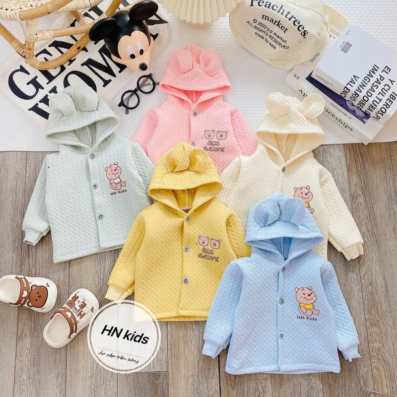 Áo khoác nỉ xốp trần bông HN có mũ cho bé trai bé gái 5-15kg