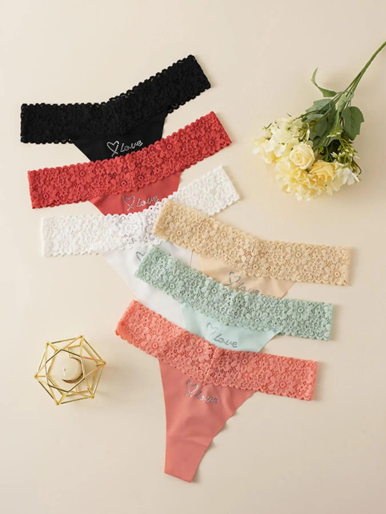 Women's Letter Print Contrast Lace Thong, Soft Comfy Breathable Panty for Daily Wear, Women's Underwear for All Seasons