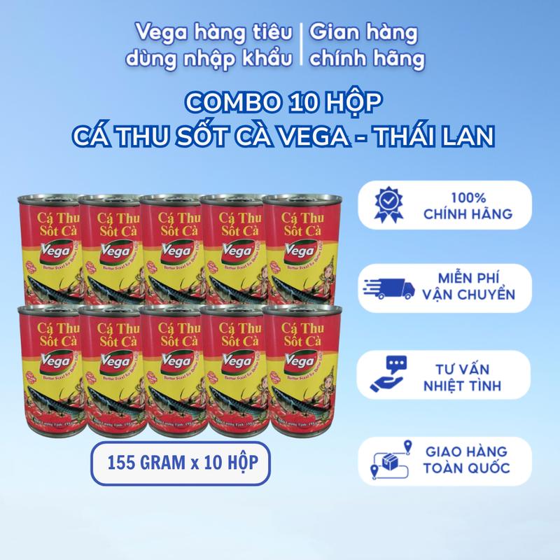   Lốc 10 Hộp  VEGA Cá Thu Kim Sốt Cà 155gram - Nhập Khẩu Thái Lan - Hương Vị Thơm Ngon Giàu Dinh Dưỡng Ăn Liền Hoặc Làm Nguyên Liệu Nấu Ăn Chế Biến Chua 