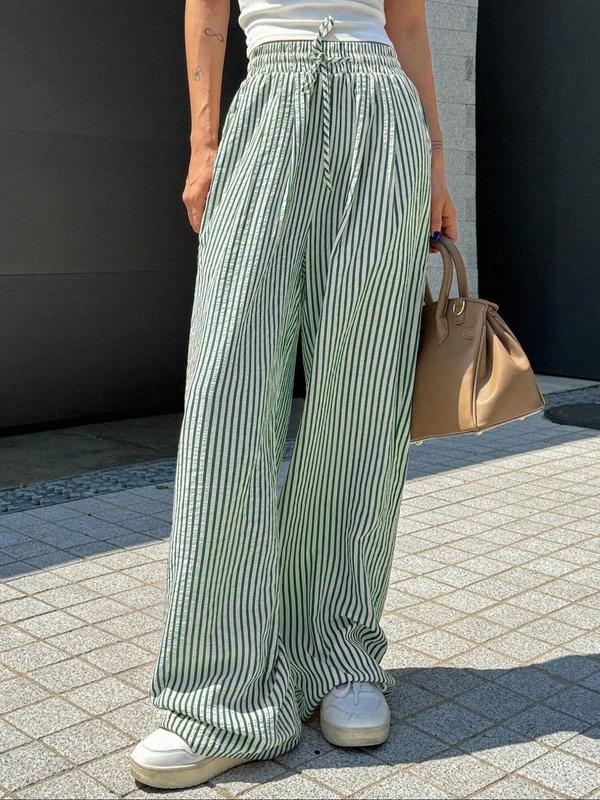 Women's Striped Print Drawstring Waist Wide Leg Pants, Casual Pocket Trousers for Summer, Women's Bottoms for Daily Wear, Trousers for Women 5