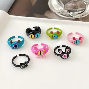 Jeevaa - Ring Aesthetic Cincin Pria Wanita Karakter Kartun Monster Hewan Kecil Bermata Besar Kelinci Kucing Hitam Lucu Unik Adjustable Colourful Aksesoris Fashion Anak Dewasa Korea Style Couple Pink