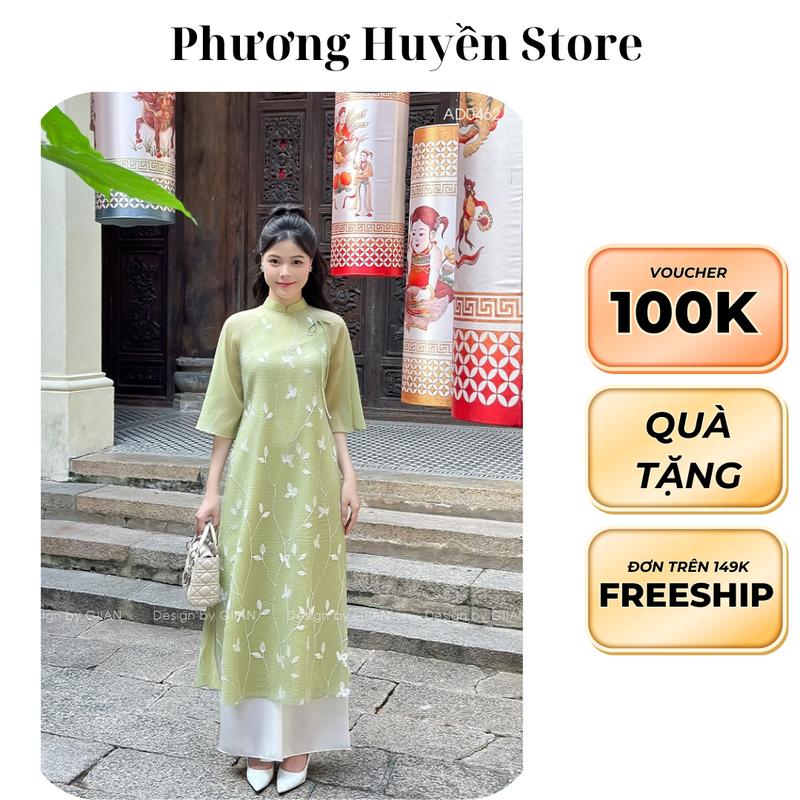 Áo dài cách tân An Vy áo dài 4 tà dáng xuông chất liệu tơ nhăn cao cấp thêu hoa phối lót lụa habutai Nữ Women Dress