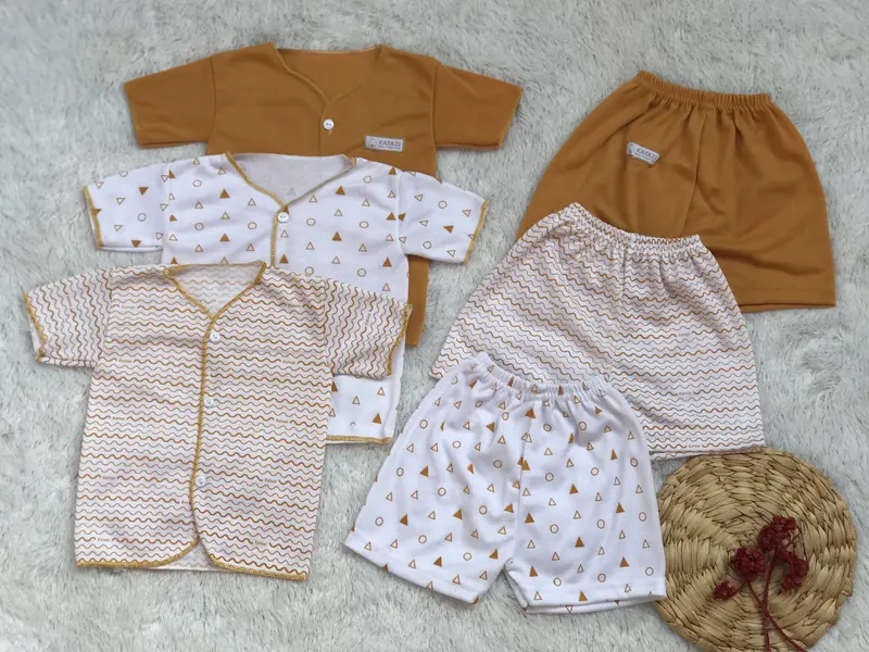 10 Pcs Set Pelngkapan Pakaian Bayi Baju Pendek & Celana Pendek Oren Newborn Umur 0-6 Bulan 2