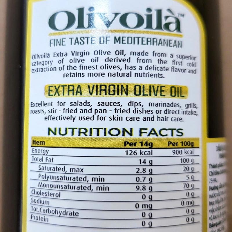 OLIVOILA (chai nhỏ 250ml) DẦU Ô LIU ÉP LẠNH NGUYÊN CHẤT TBN Extra Virgin Olive Oil (HALAL) 3