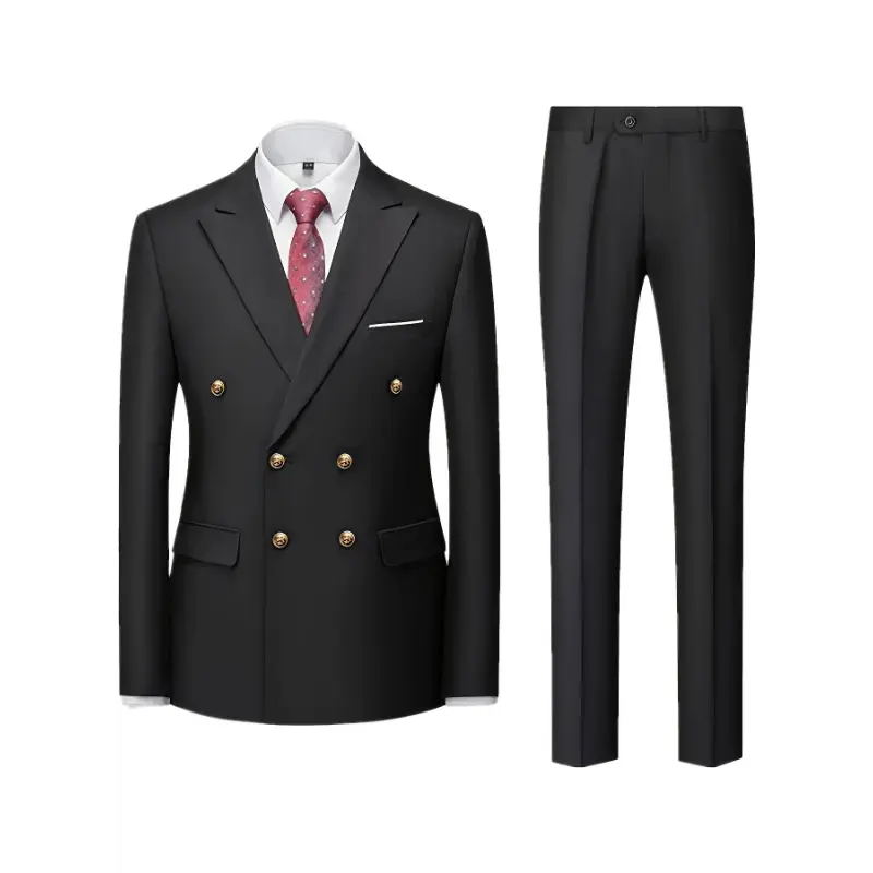 Men's Slim Fit Light Blue Double-Breasted Blazer & Pants Set - Elegant Evening Dress Suit for Business or Formal Occasions, 2pcs Polyester Fabric Outfit with Lapel Collar and Button Details, Formal Wear|Sleek Suit Design|Golden Button Accen