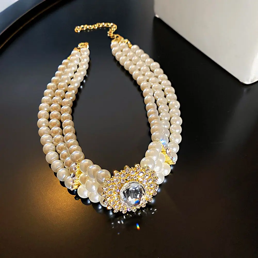 Hepburnesque Baroque Thanh Lịch Cho Nữ, Vòng Cổ Hoa Thủy Tinh Ba Lớp, Phong Cách Hàn Quốc, Phụ Kiện Trang Sức, Vòng Cổ Dây Chuyền Xương Đòn Women Jewelry Titan