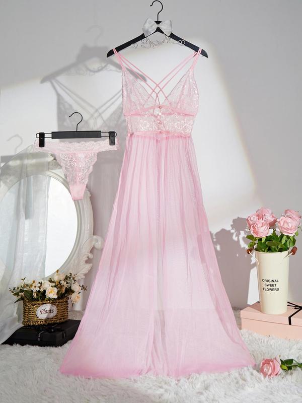 Women's Sheer Criss Cross Cami Nightdress & Scallop Trim Thong PJ Set, Breathable Split Lace Nightgown & Panty, Women's Loungewear For Summer, Summer Clothes Women 8