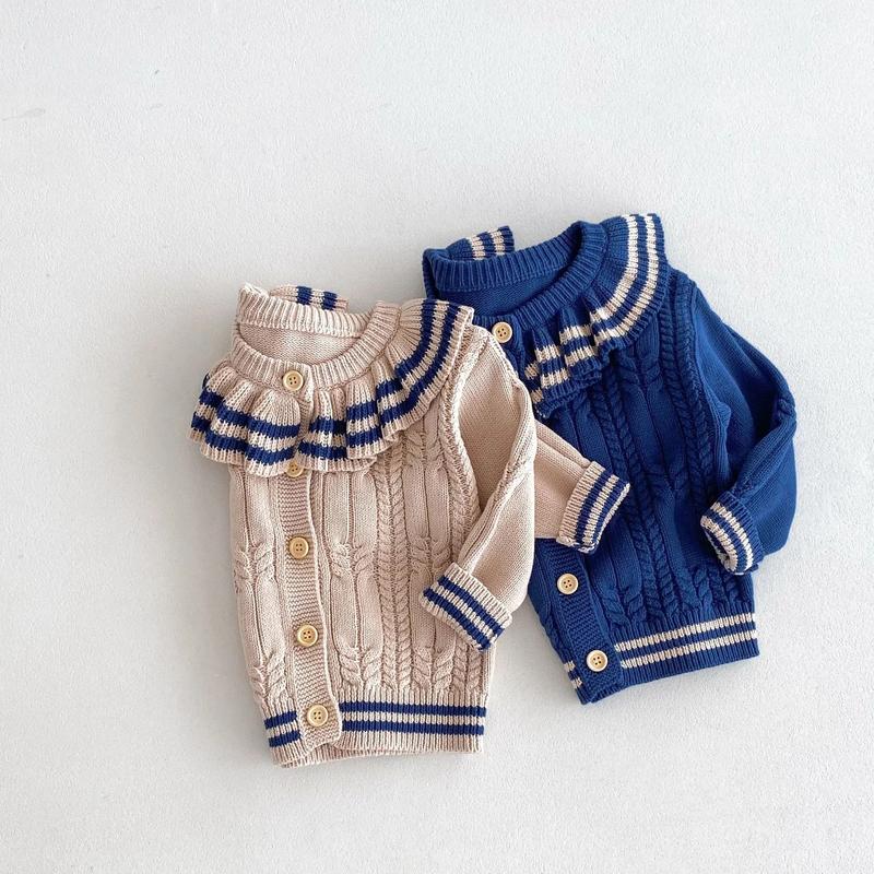 Product Introduction of Ins 2024 Autumn Baby Girls Knit Cardigan Sweater Lotus Collar Ruffle Line Collar Children Winter Solid Thicken Warm Knitwear Top 14