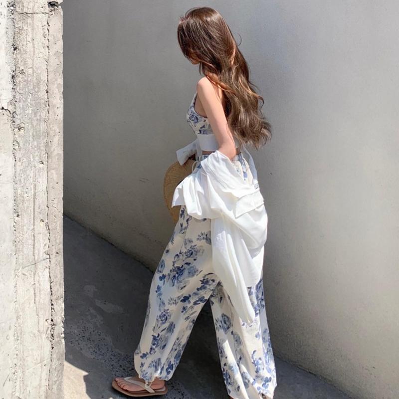 Women 2 Pieces Temperament Outfits, Floral Print V-Neck Spaghetti Strap Camisole + Drawstring Elastic Waist Long Pants Set 5