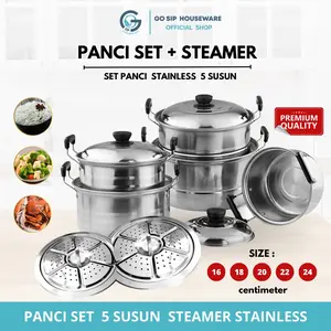 GS - Panci Set 5 SUSUN + Steamer Stainless - Panci 16-24 CM Original - Sop Soup Dengan Kukusan Tatakan Dandang - TEBAL BERKUALITAS
