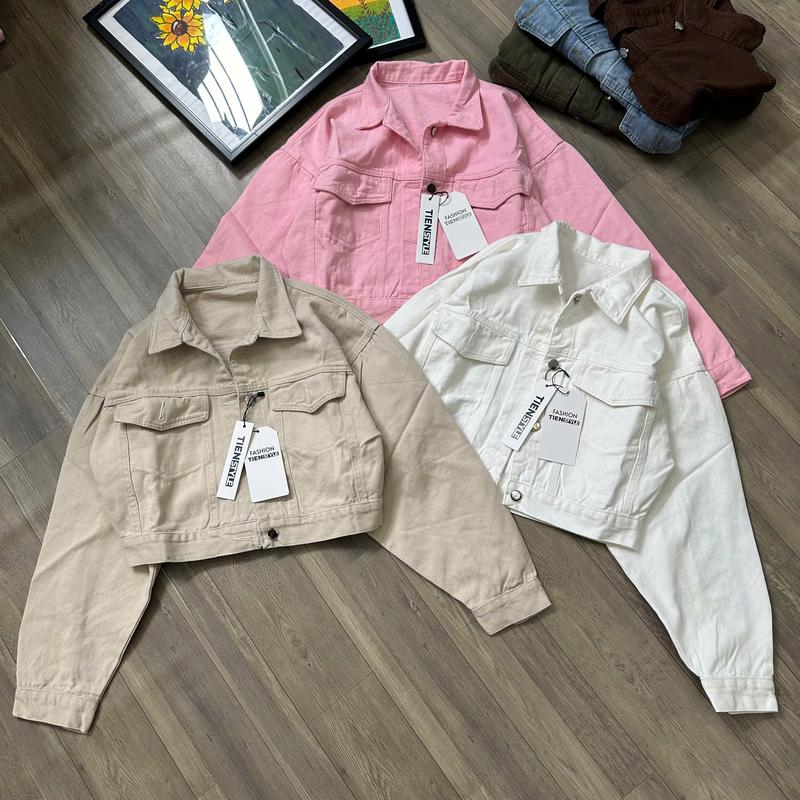 Áo Khoác Jean Nắp Túi Trơn Màu Phom Lửng Nữ Top Jacket Women Chất Liệu Jean Không Giãn Dày Dặn Bền Màu Size Free Size Dài 44-47Cm Tay Dơi 8 Màu Xanh Trắng Đen