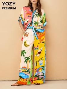 YOZY Women's All Over Print Button Front Shirt & Drawstring Waist Pants Two-Piece Set, Casual Short Sleeve Top & Wide Leg Trousers for Daily Wear, Ladies Two-piece Outfits for All Seasons