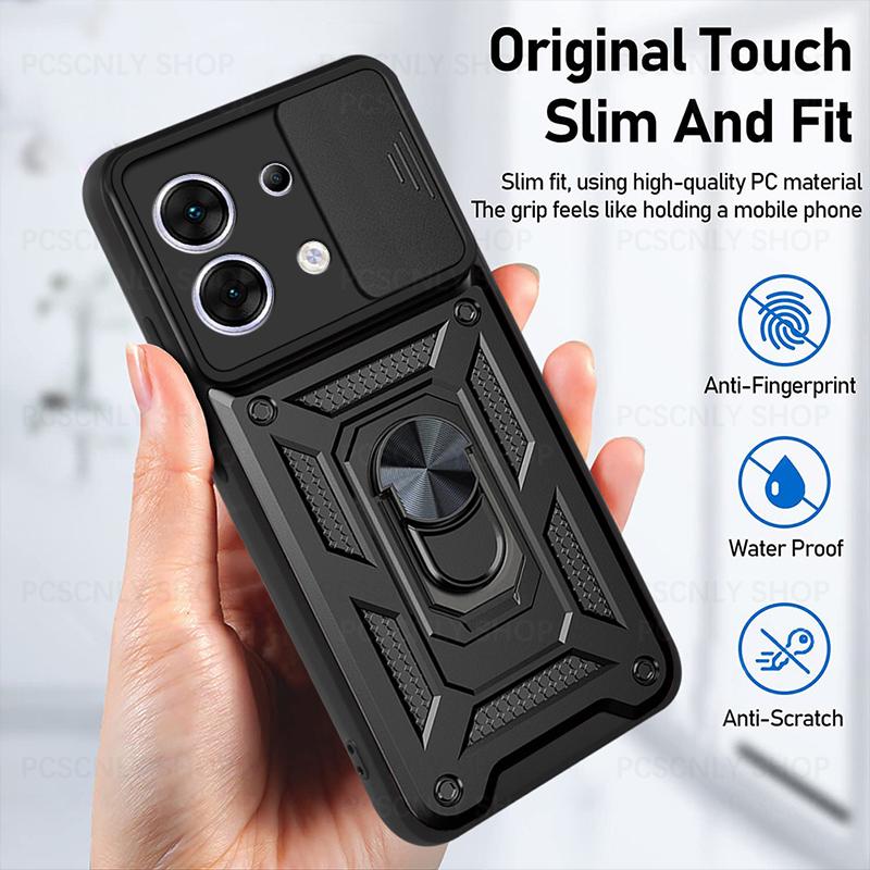 Product Introduction of Shockproof Case For Xiaomi Poco X6 Pro 5G Armor Casing Camera Slider Protection Ring Holder Phone Cover 6