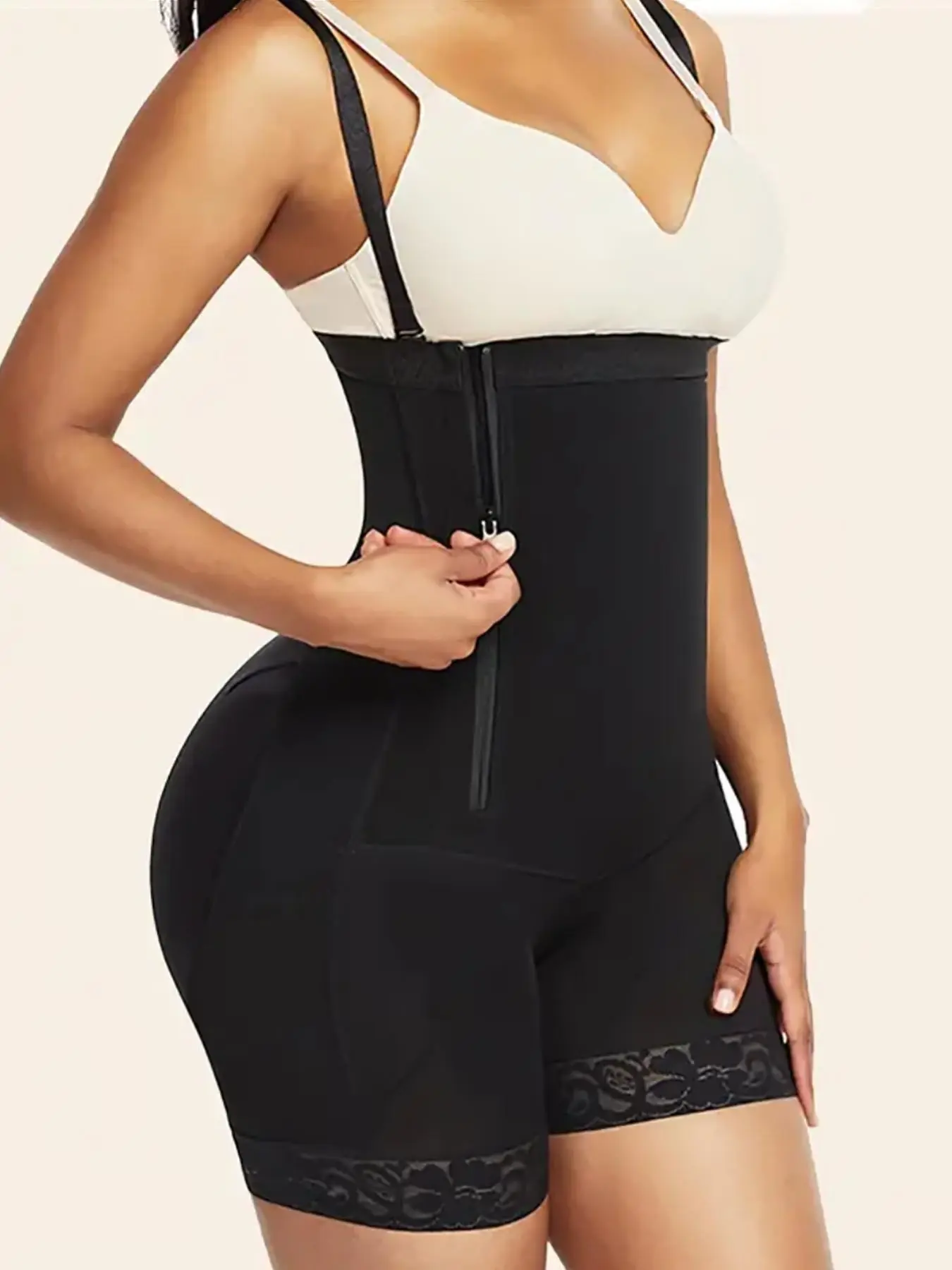 Women's Side Zipper Contrast Lace Ruched Shapewear Shorts, Adjustable Strap High Waist Tummy Control Shaper, Ladies Shapewear Bottoms for All Seasons