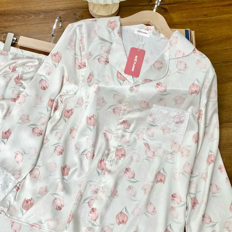 M114 NHỌ PYJAMAS Bộ mặc nhà HOA TRÀ XANH phối ren tiểu thư sang chảnh 2