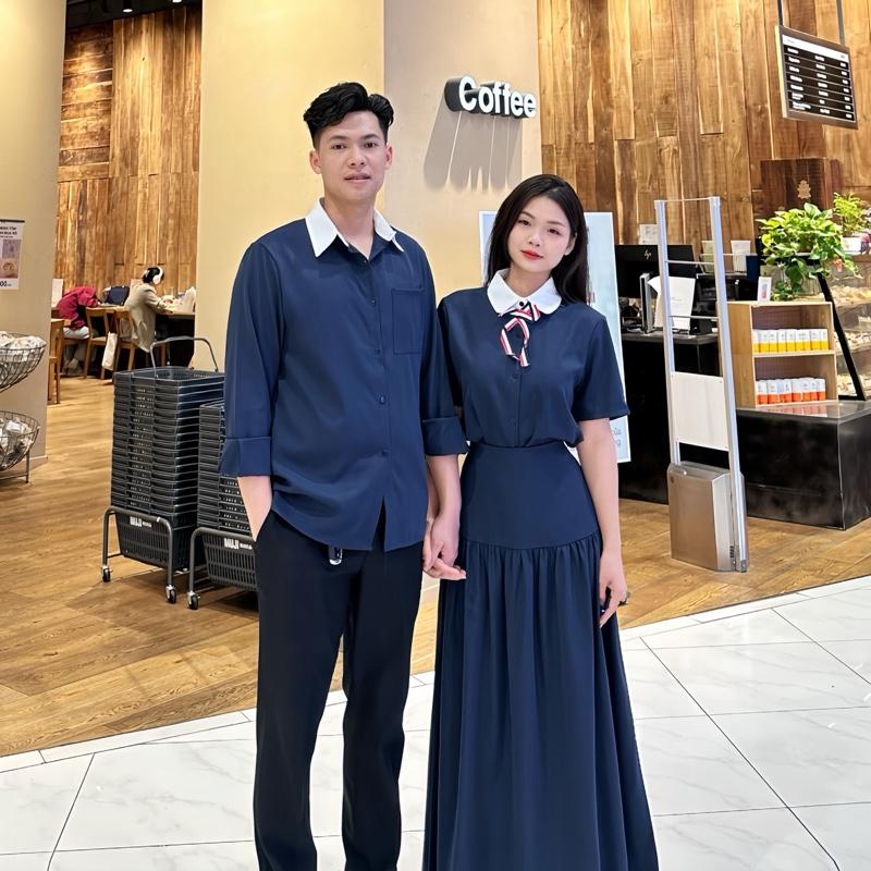 (S - 43) [ GIÁ CẶP ] Set đồ đôi nam nữ couple bộ áo sơmi nữ phối nơ kèm chân váy dáng dài và áo sơmi nam cổ phối trắng mặc với người yêu đi chơi đi tiệc vợ chồng cực sang set đồ đôi đà lạt