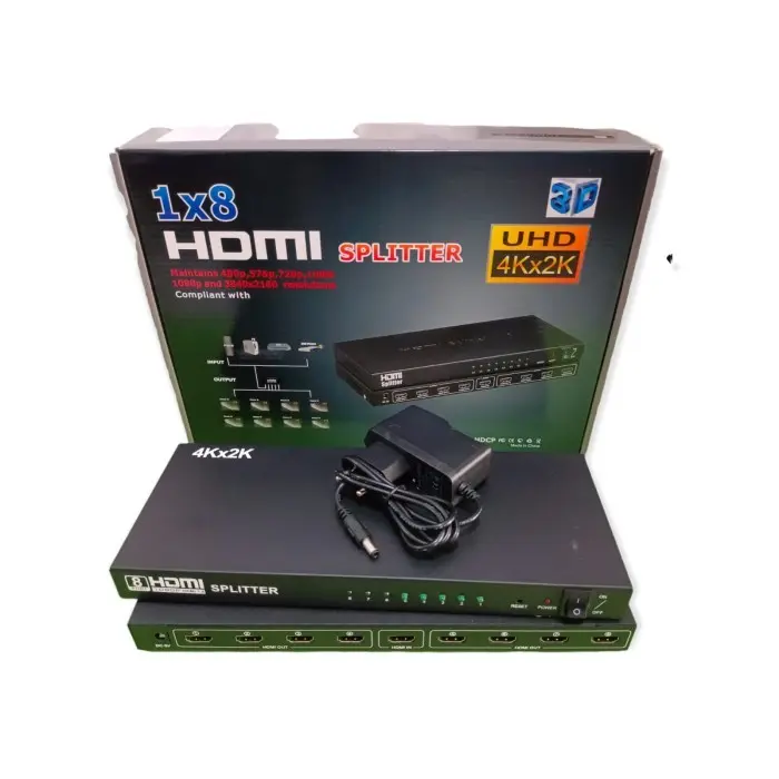 Splitter HDMI 8 Port Full HD: Input HDMI 1 (laptop, dvd dll) ke 8 output monitor HDMI (layar) - Dukung resolusi ULTRA HD 4K, audio kompres dan tak terkompresi, HDCP, dan 3D - Dukung ver 1.3, 1.4 dan ver 2.0 - Accessories