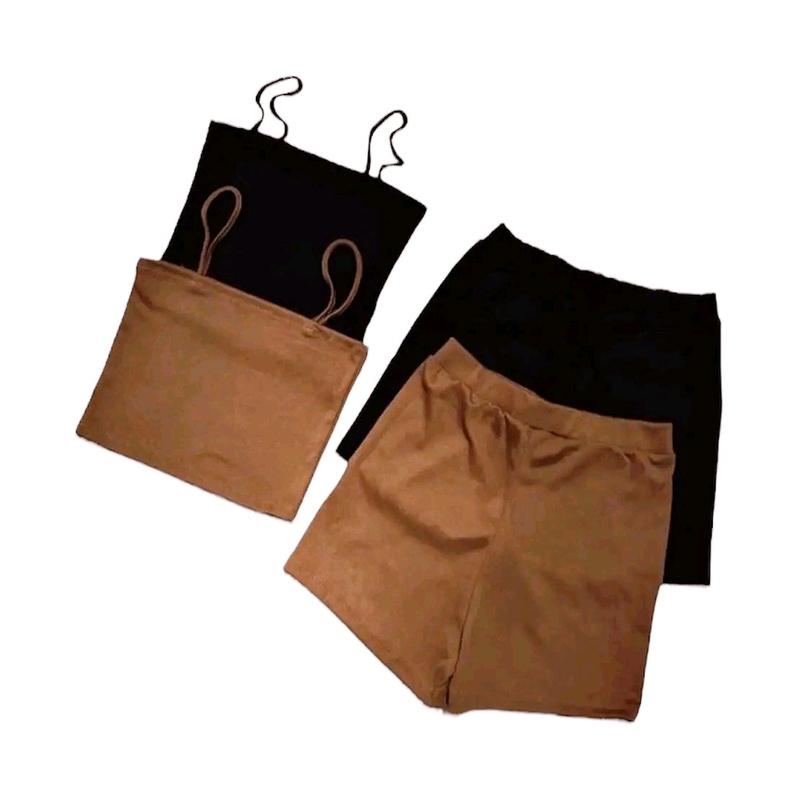 SB-244 Sét bộ nữ áo 2 dây croptop ôm kèm quần đùi body chất vải thun gân len 4 chiều lưng thun eo 58-75cm Free Size dưới 54kg