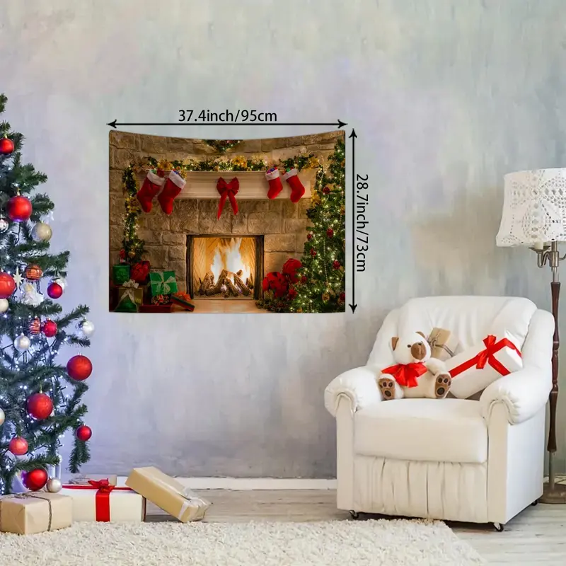 Christmas Fireplace Pattern Tapestry, 1 Count Christmas Themed Photography Background Cloth, Christmas Party Supplies, Home Decor 7