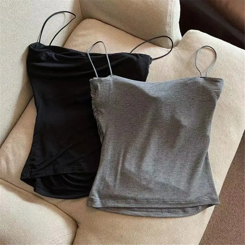Áo Vest Hai Dây Xếp Ly Màu Đỏ Rượu Vang Gợi Cảm, Cô Gái Nóng Bỏng, Dành Cho Nữ, Áo Không Tay Mùa Hè, Có Dây Đeo Vai Mỏng, DDUN Top Women Kem 3