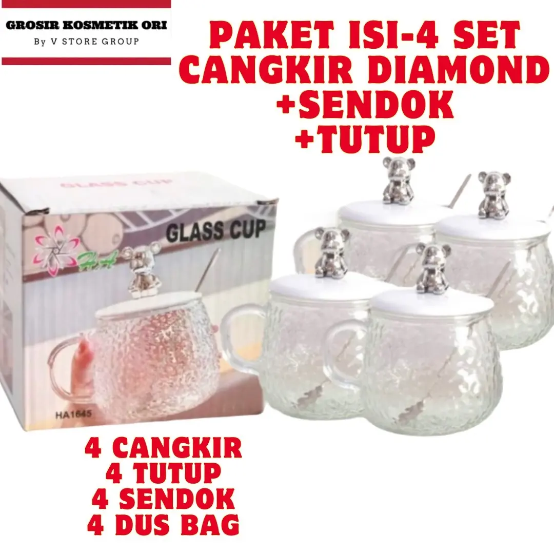 (PAKET ISI 4SET GELAS TUTUP SENDOK) cangkir diamond glass susu | glass kopi | glas teh | mug gelas tutup beruang