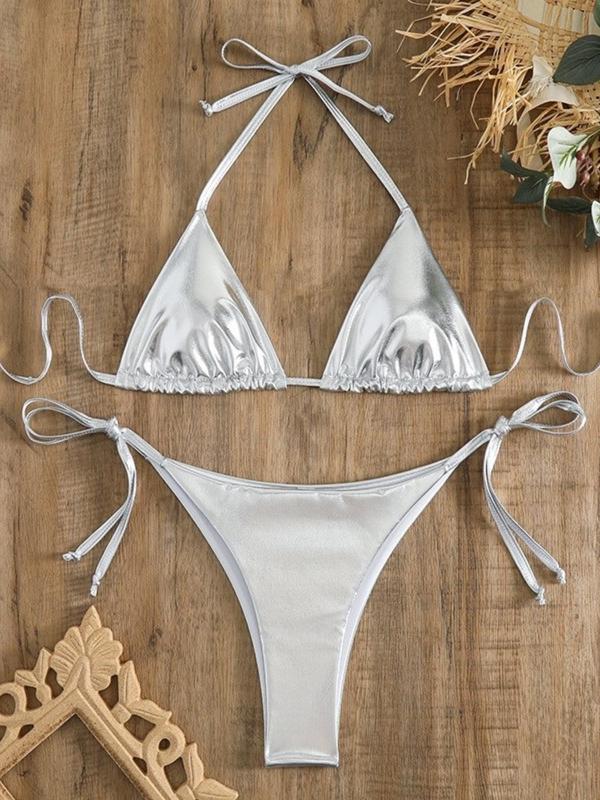 Two-Piece Set Women's Tie Back Halter Bikini Swimsuit, Glitter Fabric Triangle Bra & Tie Side Panty Swimwear for Beach Party Vacation, Women's Swimsuit Sets for Summer, Bathing Suits Bikini Set 2024 for Women 6