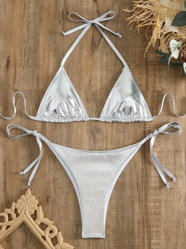 Two-Piece Set Women's Tie Back Halter Bikini Swimsuit, Glitter Fabric Triangle Bra & Tie Side Panty Swimwear for Beach Party Vacation, Women's Swimsuit Sets for Summer, Bathing Suits Bikini Set 2024 for Women 6