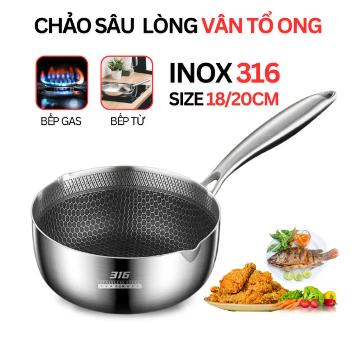 Chảo Chống Dính Sâu Lòng Vân Đá Tổ Ong kícḣ Thước 18cm ,Chất Liệu Inox 316, Dùng Cho Mọi Loại Bếp.