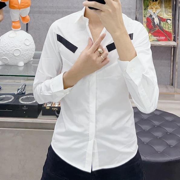 Áo Sơ Mi Đôi Vải Lụa Màu Trắng Đen Phối 4 Vạch Chuẩn Đẹp. Nam Menswear Jean Shirt Có Cổ
