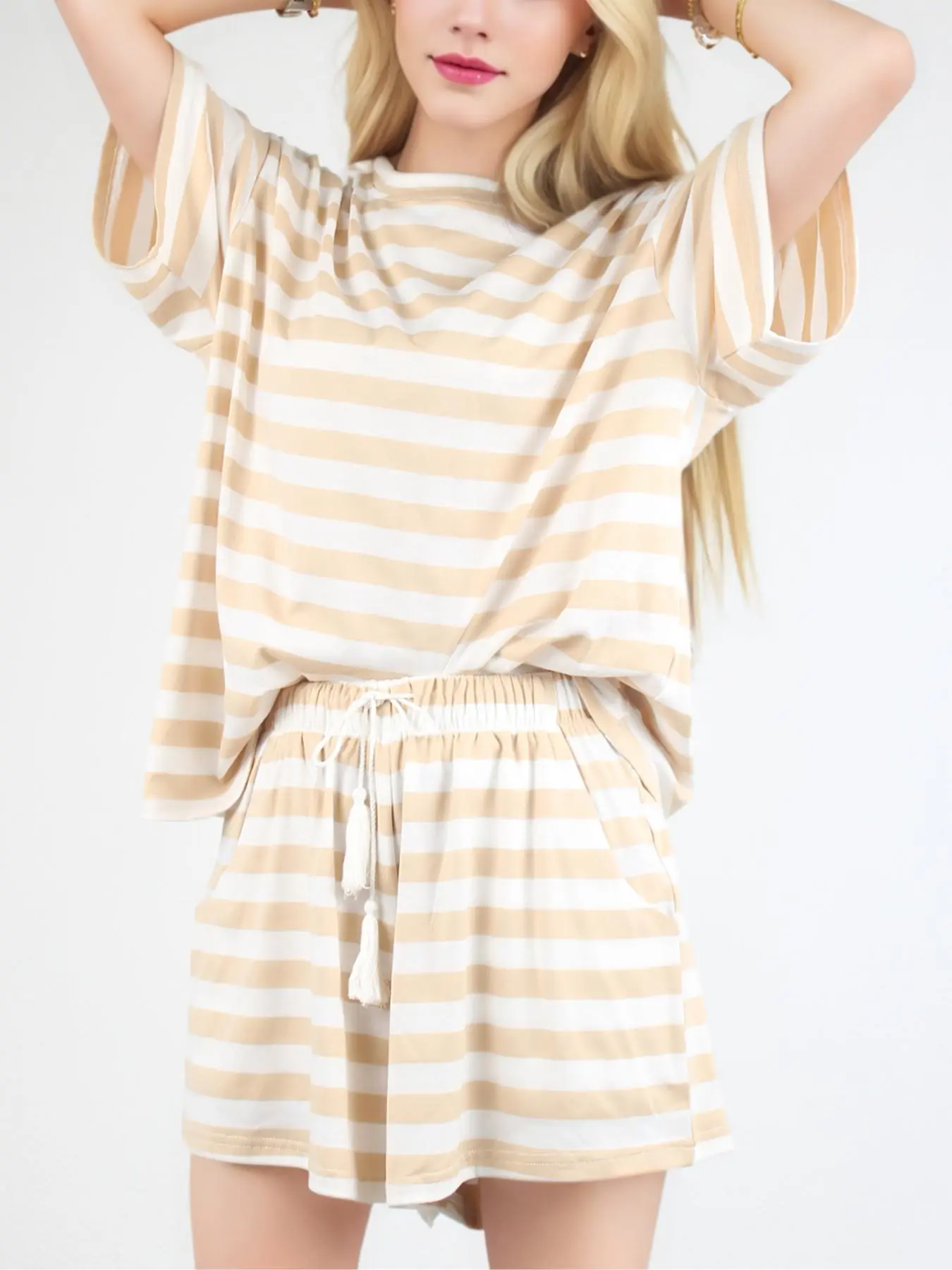 Two-Piece Set Women's Striped Print Short Sleeve Tee & Drawstring Waist Shorts, Casual Round Neck T-shirt & Shorts for Summer, Ladies Clothes for Daily Wear