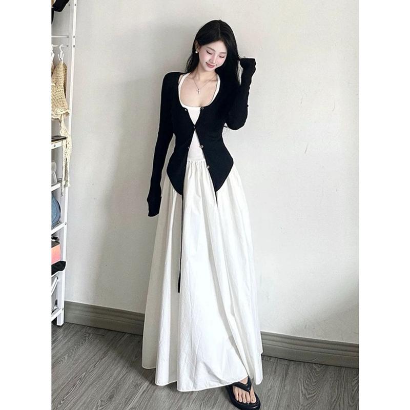 Set đầm maxi 2 dây phối áo khoác cardᶖgan lạ mắt  Set đồ nữ trắng đen tôn dáng che khuyết điểm mặc thu đông 6