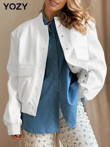 YOZY Women's Solid Button Front Pocket Jacket, Casual Long Sleeve Baseball Collar Outerwear for Fall & Winter, Ladies Clothes for Daily Wear