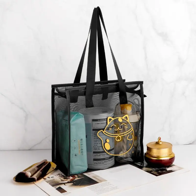 Túi Tote Đi Biển, Trong Suốt, Thời Trang, Làm Bằng Lưới Nylon, Thiết Kế Hoa Và Hoạt Hình, Túi Đựng Mỹ Phẩm Có Khóa Kéo, Túi Trong Suốt, Dành Cho Nữ 4