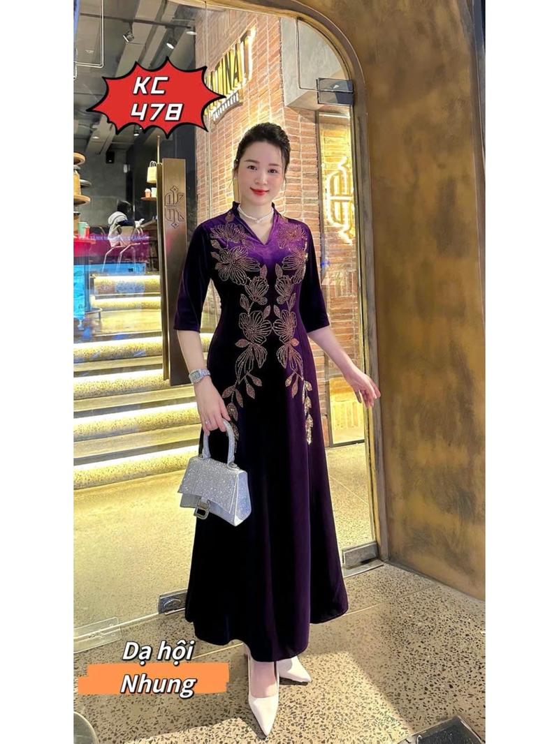 Product Introduction of Đầm Đi Tiệc Mã KC478 Dáng Dài Cổ Nữ Hoàng Chất Vải Nhung Tuyết Ép Đá DMC Cao Cấp Từ 50kg Đến 75kg Nữ Dress Women 7