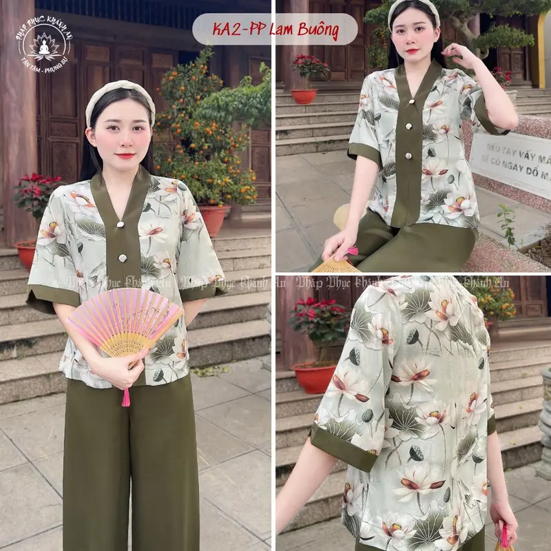 KA2- Bộ Lam Ba Cúc Tay Lỡ Lụa Vân Gỗ Cao Cấp Mẫu Mới Pháp Phục Khánh An Nữ Áo 3