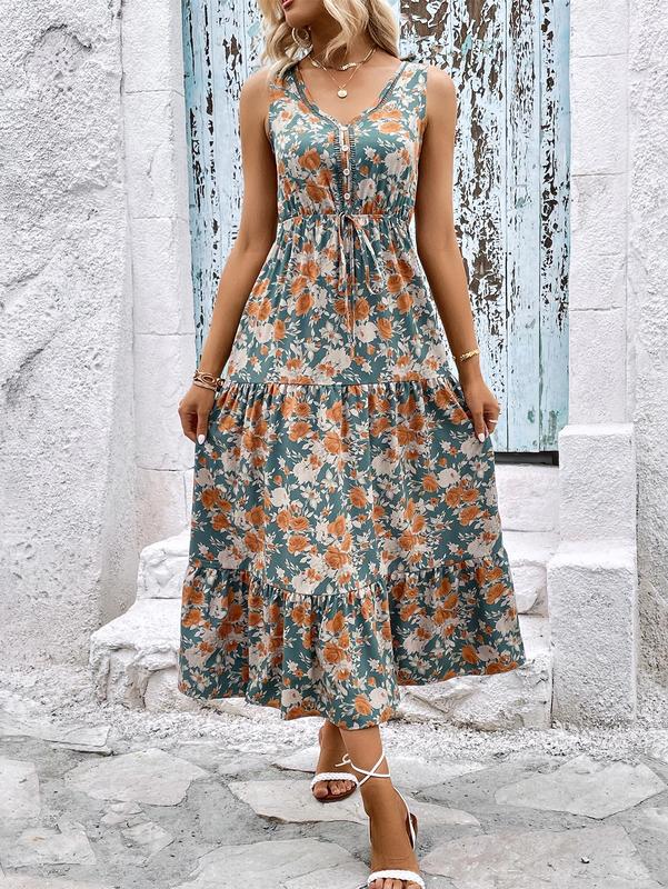 2022 Women Retro Floral Print V Neck Sleeveless Tank Bohemian Long Maxi Dress 2022 Women Retro Floral Print V Neck Sleeveless Tank Bohemian Long Maxi Dress