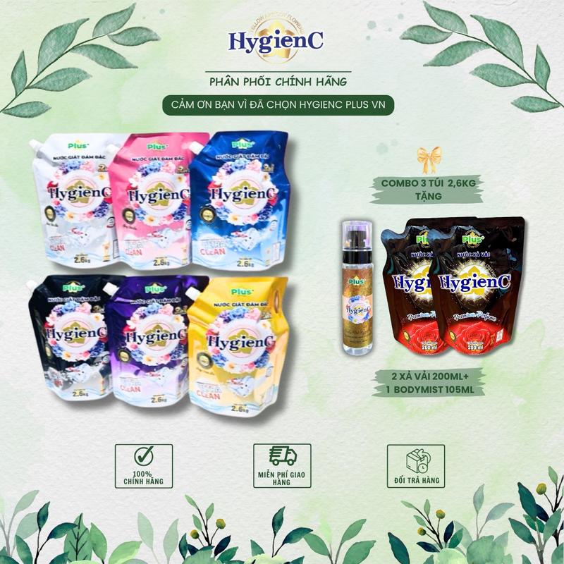 [TẶNG 3 MÓN QUÀ] Combo 3 Túi Nước giặt HygienC Plus (2,6kg/Túi) công nghệ Thái Lan thơm ngát, làm sạch (QÙA: 2 Túi Xả Vải 200ml/Túi + 1 Chai Bodymist 105ml màu ngẫu nhiên)