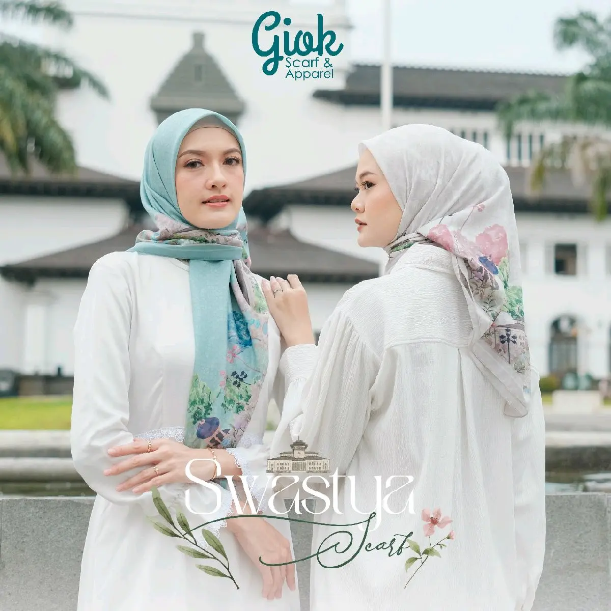 Scarf Swastya Giok - Pearl - Clouds - Teal - Mellow Yellow - Obsidian, Bahan Voal Ultrafine, Ukuran 115cm x 115cm